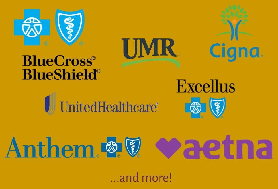 Logos of accepted health insurance plans including Blue Cross Blue Shield, Cigna, UMR, Excellus, United Healthcare, Aetna, and others.